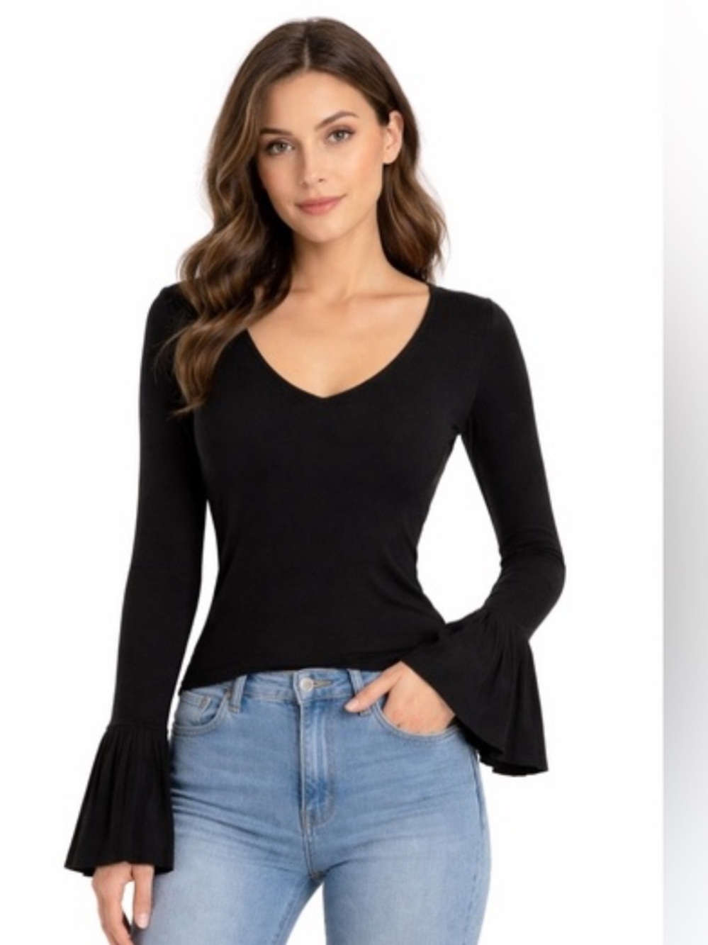 Ralph Lauren Black Label Cashmere Silk Pleated Ruffle Bell Sleeve V Neck Sweater